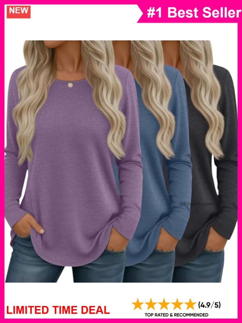 Women's 3 Pack Long Sleeve Tunic Tops Casual Loose Fit Crew Neck Tees